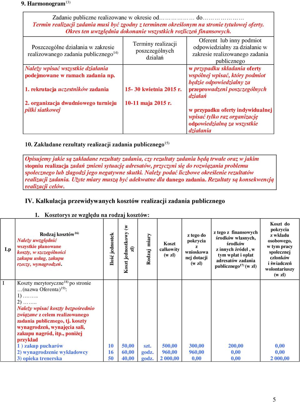 Poszczególne działania w zakresie realizowanego zadania publicznego 14) Należy wpisać wszystkie działania podejmowane w ramach zadania np. 1. rekrutacja uczestników zadania 2.