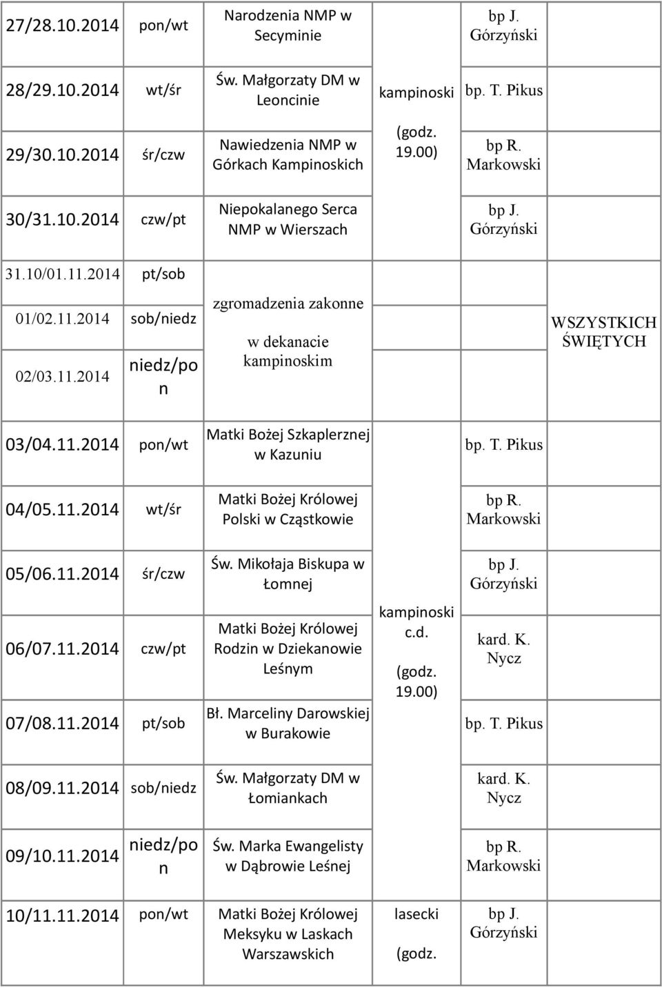 11.2014 śr/czw Św. Mikołaja Biskupa w Łomej 06/07.11.2014 czw/pt 07/08.11.2014 pt/sob Matki Bożej Królowej Rodzi w Dziekaowie Leśym Bł. Marceliy Darowskiej w Burakowie kampioski c.d. 08/09.11.2014 sob/iedz Św.