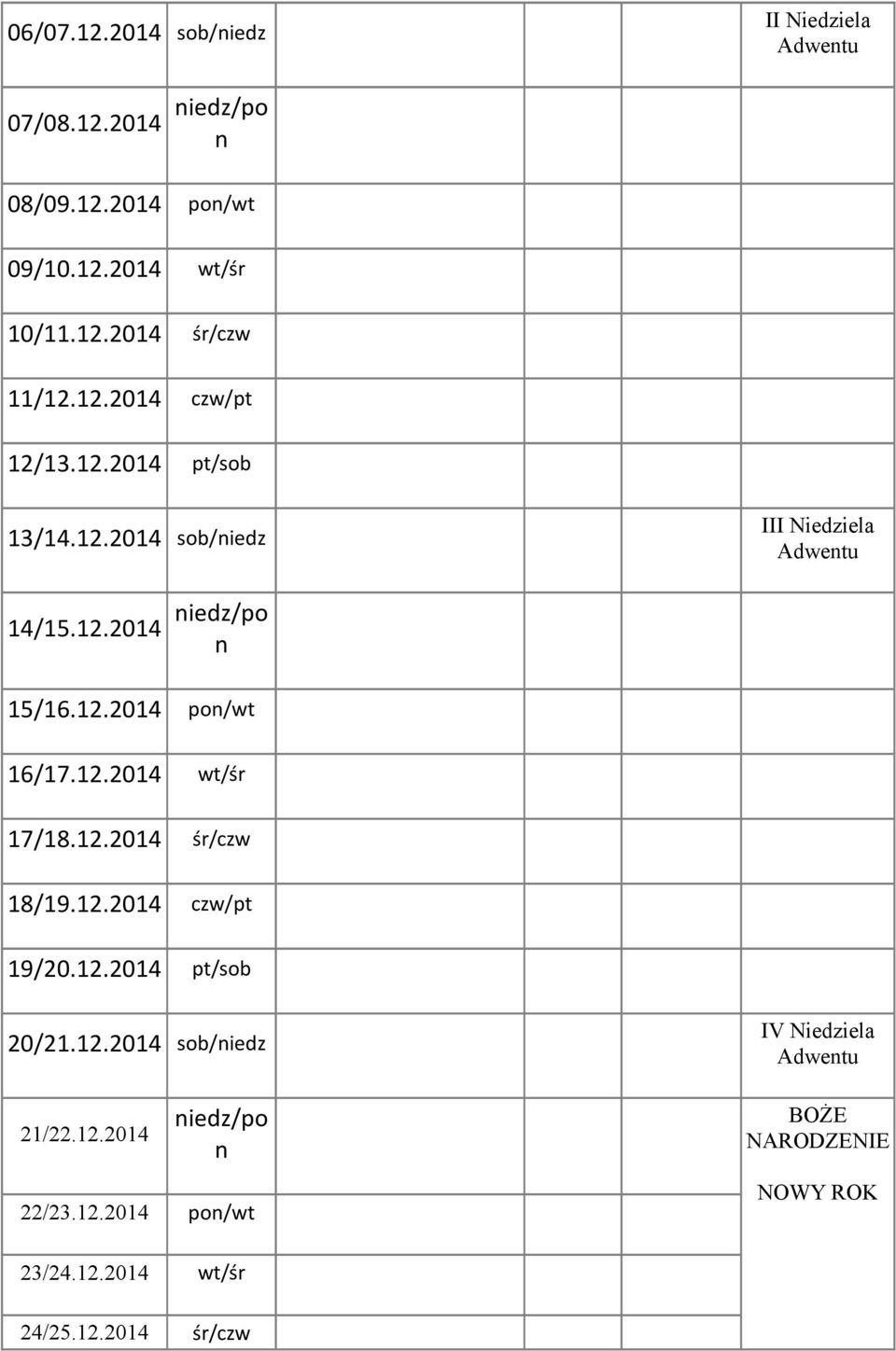 12.2014 wt/śr 17/18.12.2014 śr/czw 18/19.12.2014 czw/pt 19/20.12.2014 pt/sob 20/21.12.2014 sob/iedz 21/22.12.2014 iedz/po 22/23.