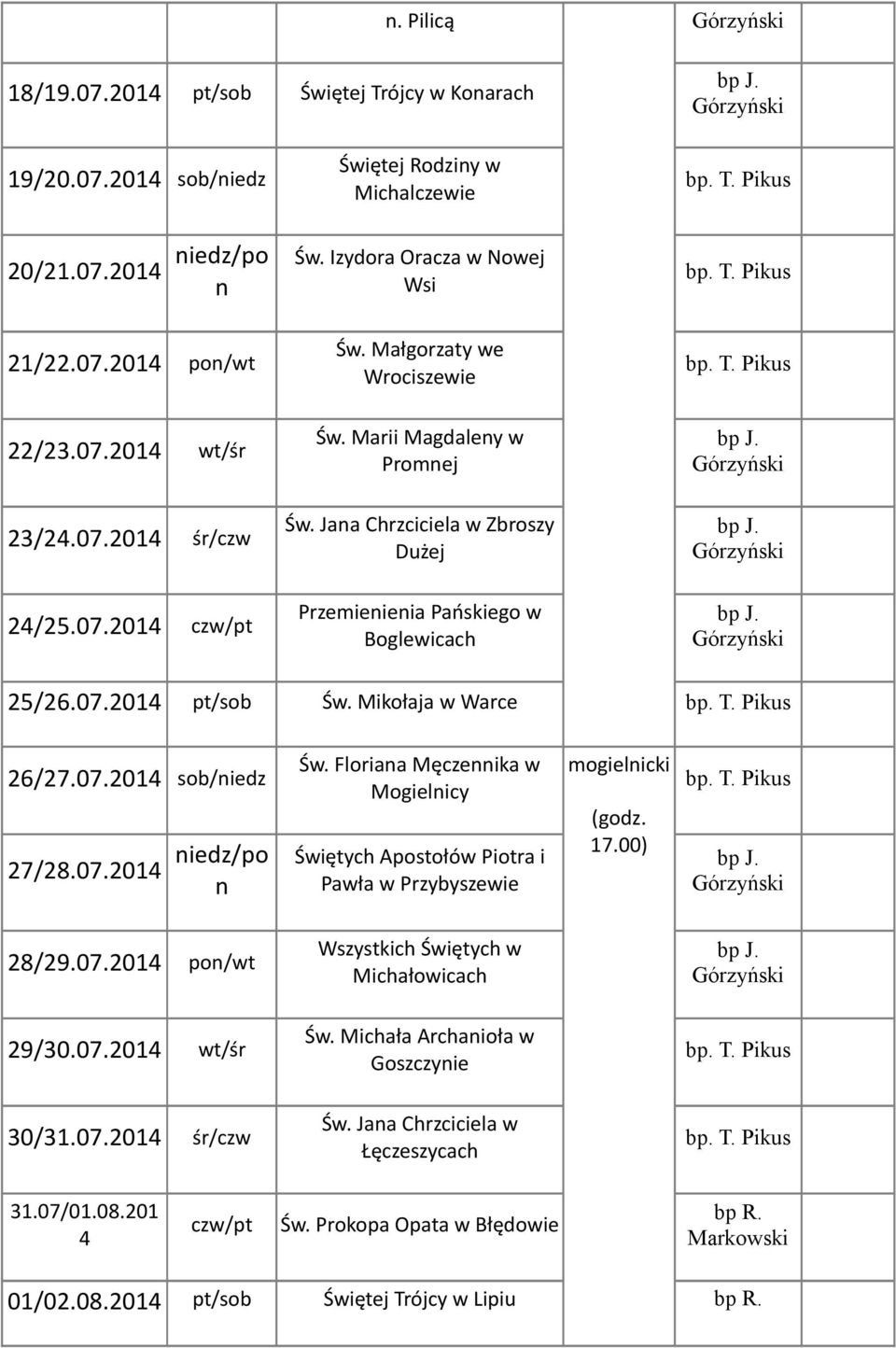 Mikołaja w Warce 26/27.07.2014 sob/iedz 27/28.07.2014 iedz/po Św. Floriaa Męczeika w Mogielicy Świętych Apostołów Piotra i Pawła w Przybyszewie mogielicki 17.00) 28/29.07.2014 po/wt Wszystkich Świętych w Michałowicach 29/30.