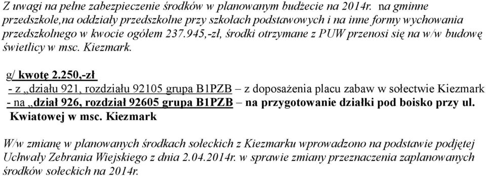 945,-zł, środki otrzymane z PUW przenosi się na w/w budowę świetlicy w msc. Kiezmark. g/ kwotę 2.