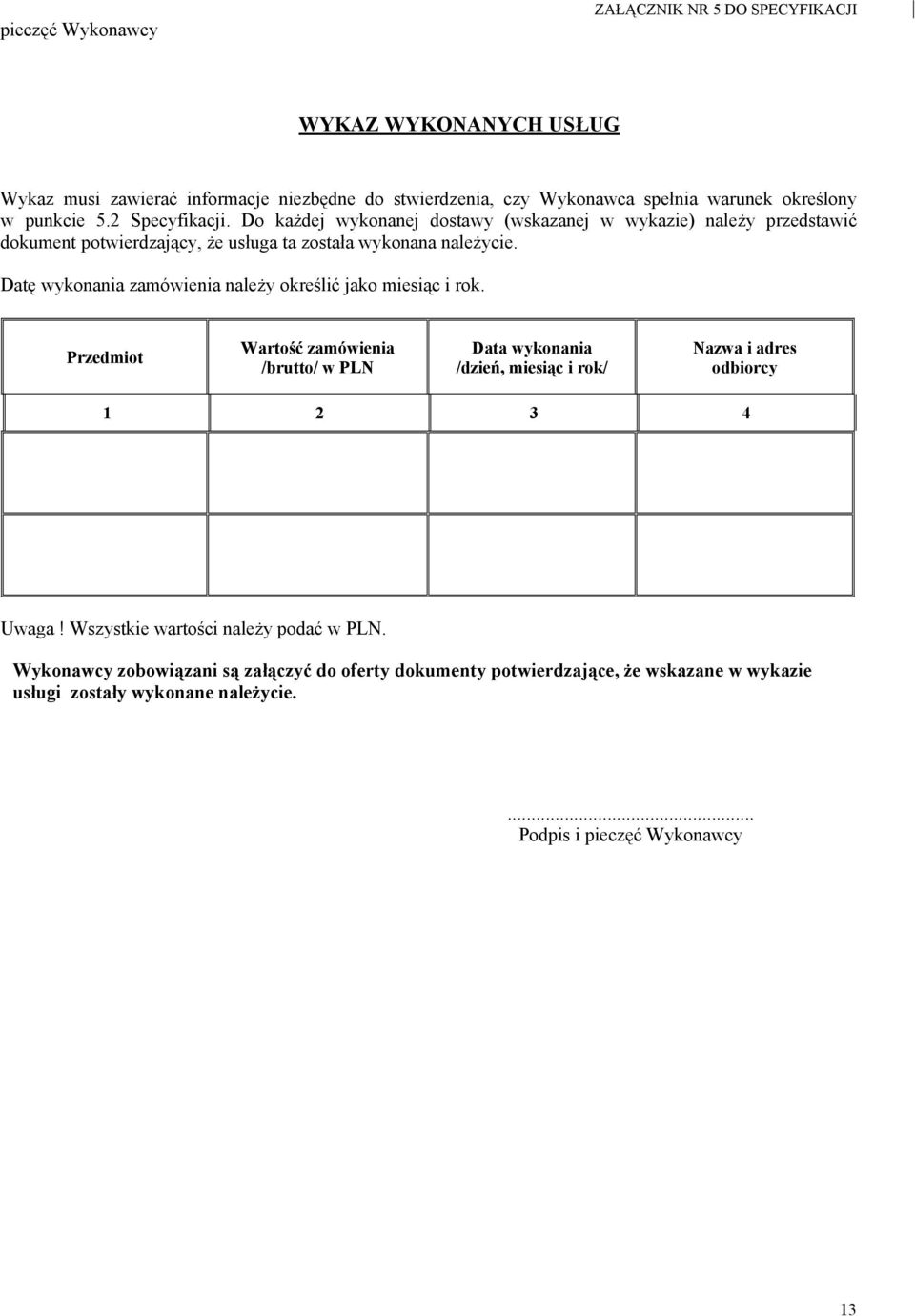 Datę wykonania zamówienia należy określić jako miesiąc i rok.