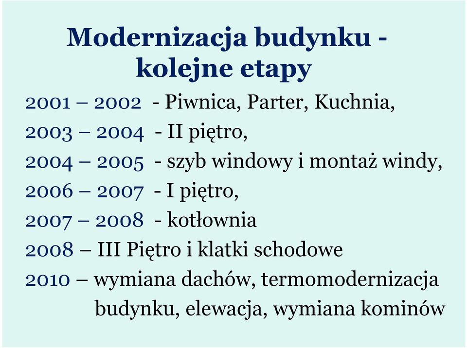 2006 2007 - I piętro, 2007 2008 - kotłownia 2008 III Piętro i klatki