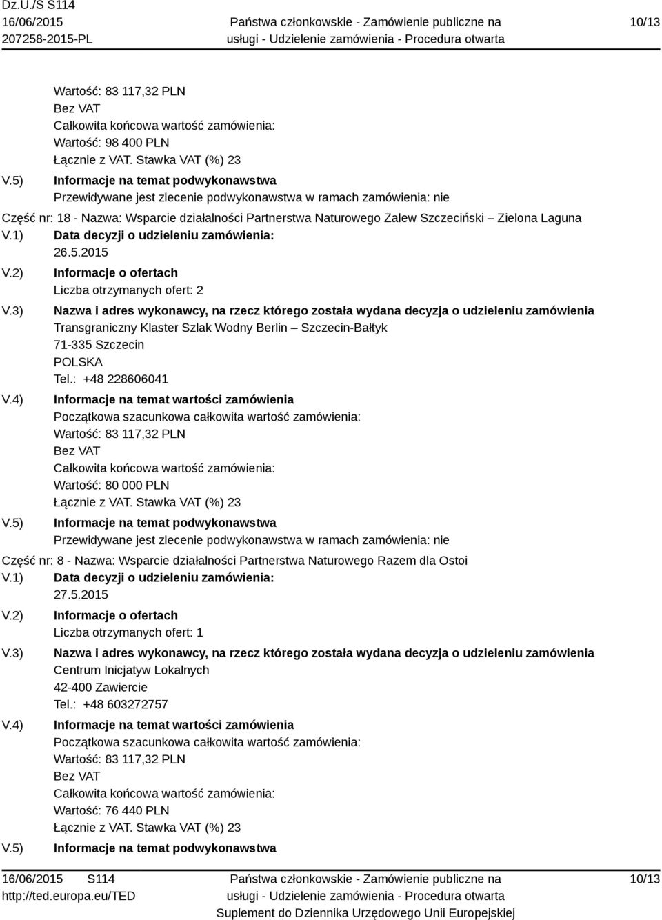 2015 Liczba otrzymanych ofert: 2 Transgraniczny Klaster Szlak Wodny Berlin Szczecin-Bałtyk 71-335 Szczecin Tel.