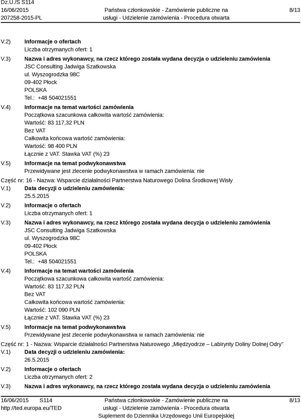 Środkowej Wisły 25.5.2015 JSC Consulting Jadwiga Szatkowska ul. Wyszogrodzka 98C 09-402 Płock Tel.