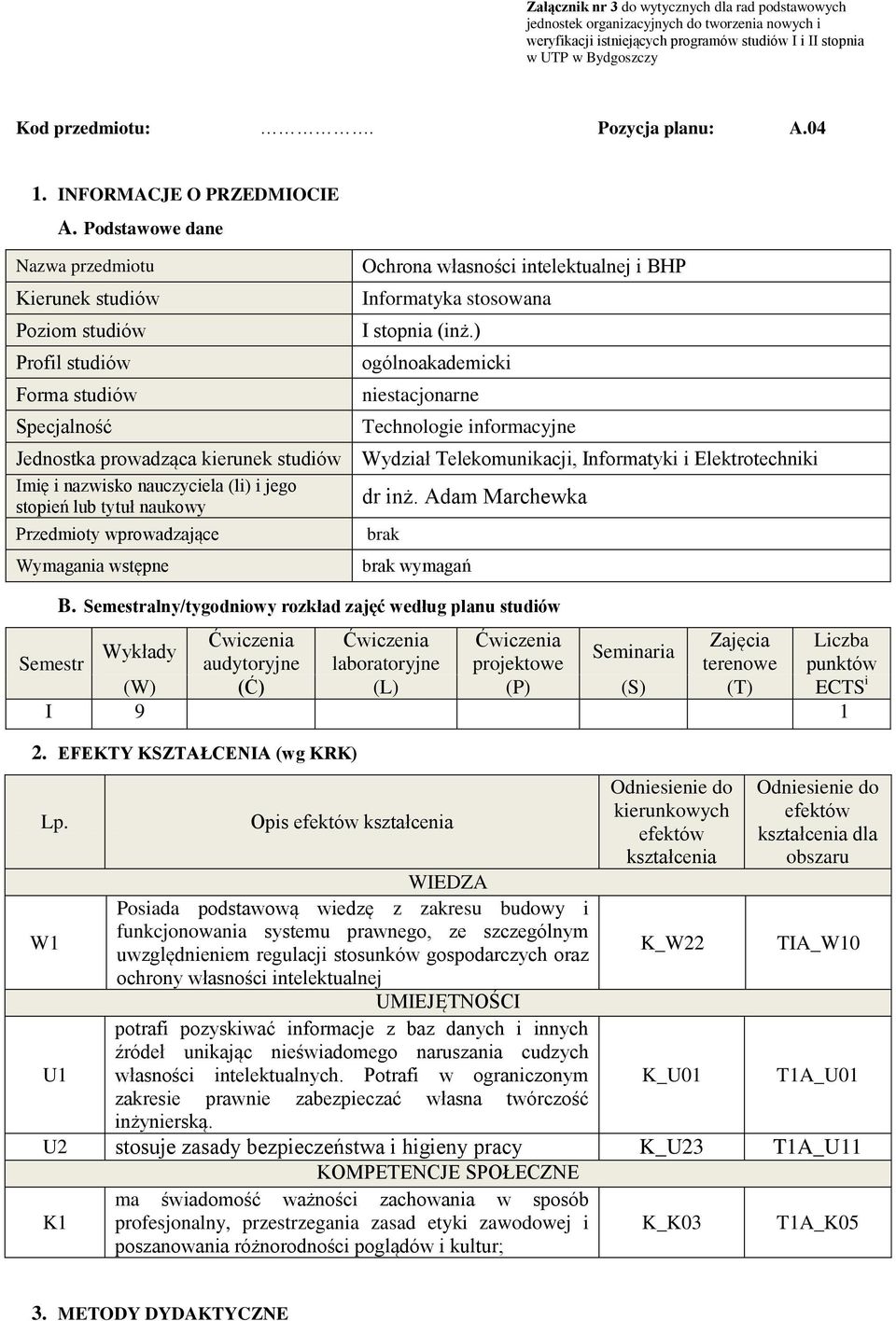 ) ogólnoakademicki niestacjonarne Technologie informacyjne Jednostka prowadząca kierunek studiów Wydział Telekomunikacji, Informatyki i Elektrotechniki Imię i nazwisko nauczyciela (li) i jego dr inż.