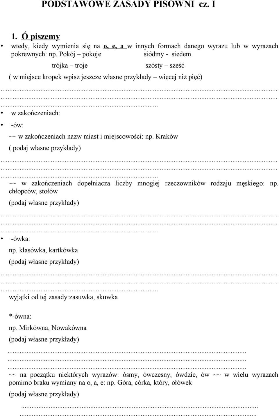 ........ w zakończeniach: -ów: ~~ w zakończeniach nazw miast i miejscowości: np. Kraków ( podaj własne przykłady).