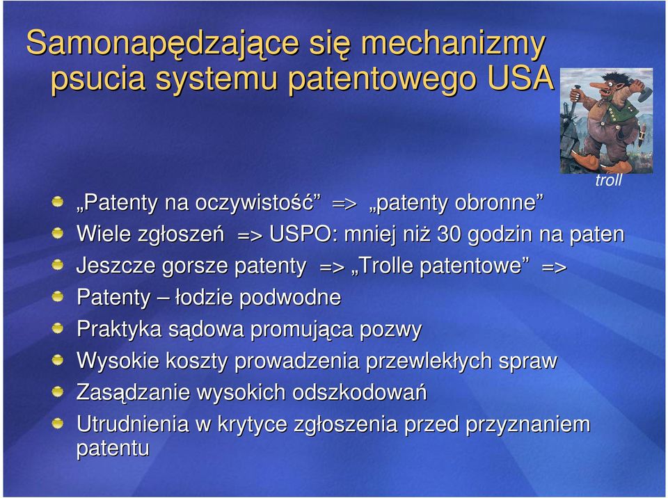 Trolle patentowe => Patenty łodzie podwodne Praktyka sądowa s promująca pozwy Wysokie koszty