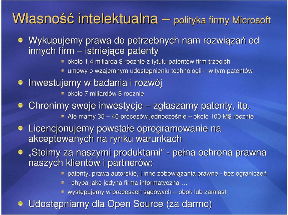 Ale mamy 35 40 procesów w jednocześnie nie około o 100 M$ rocznie Licencjonujemy powstałe e oprogramowanie na akceptowanych na rynku warunkach Stoimy za naszymi produktami - pełna ochrona prawna