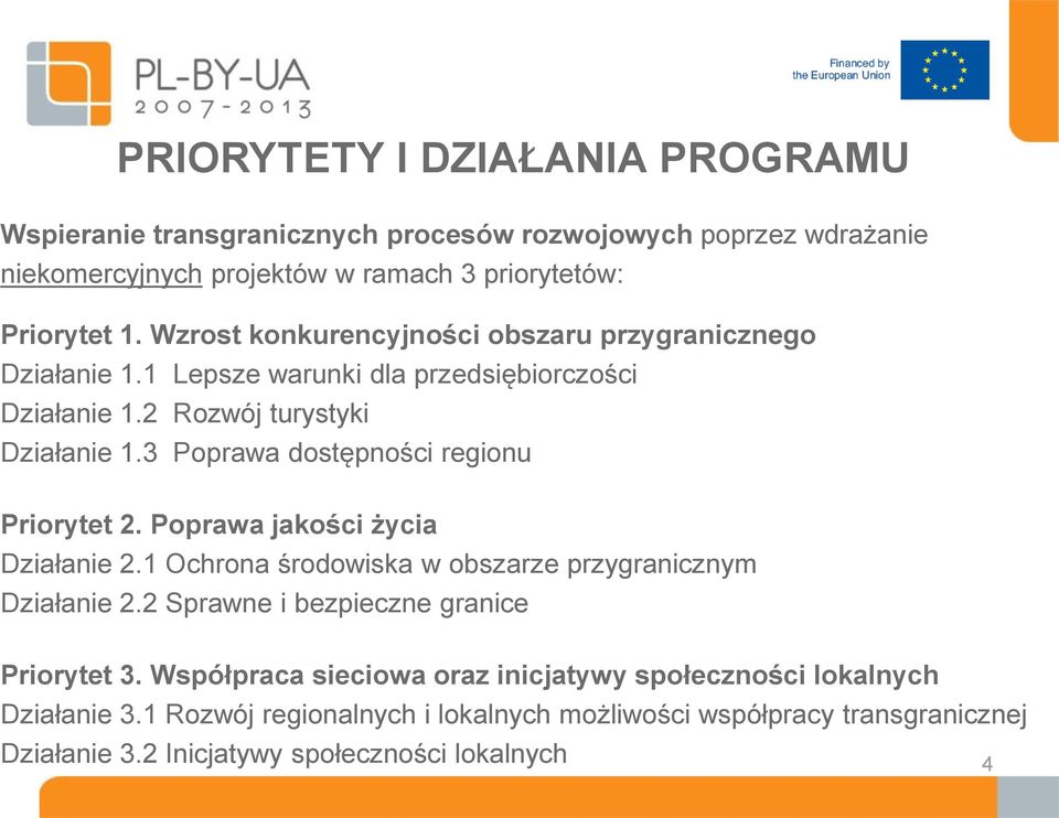 3 Poprawa dostępności regionu Priorytet 2. Poprawa jakości życia Działanie 2.1 Ochrona środowiska w obszarze przygranicznym Działanie 2.