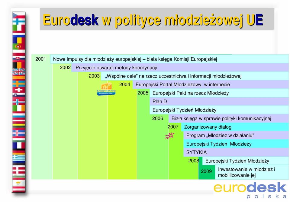 2003 Wspólne cele na rzecz uczestnictwa i informacji młodzieżowej 2004 Europejski Portal Młodzieżowy w internecie 2005 Europejski Pakt na rzecz Młodzieży