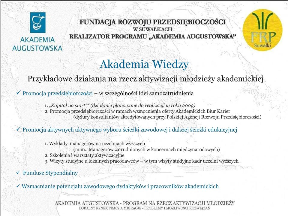 Promocja przedsiębiorczości w ramach wzmocnienia oferty Akademickich Biur Karier (dyżury konsultantów akredytowanych przy Polskiej Agencji Rozwoju Przedsiębiorczości) Promocja aktywnych aktywnego