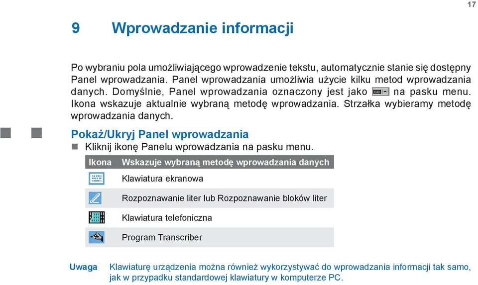 Strzałka wybieramy metodę wprowadzania danych. Pokaż/Ukryj Panel wprowadzania Kliknij ikonę Panelu wprowadzania na pasku menu.