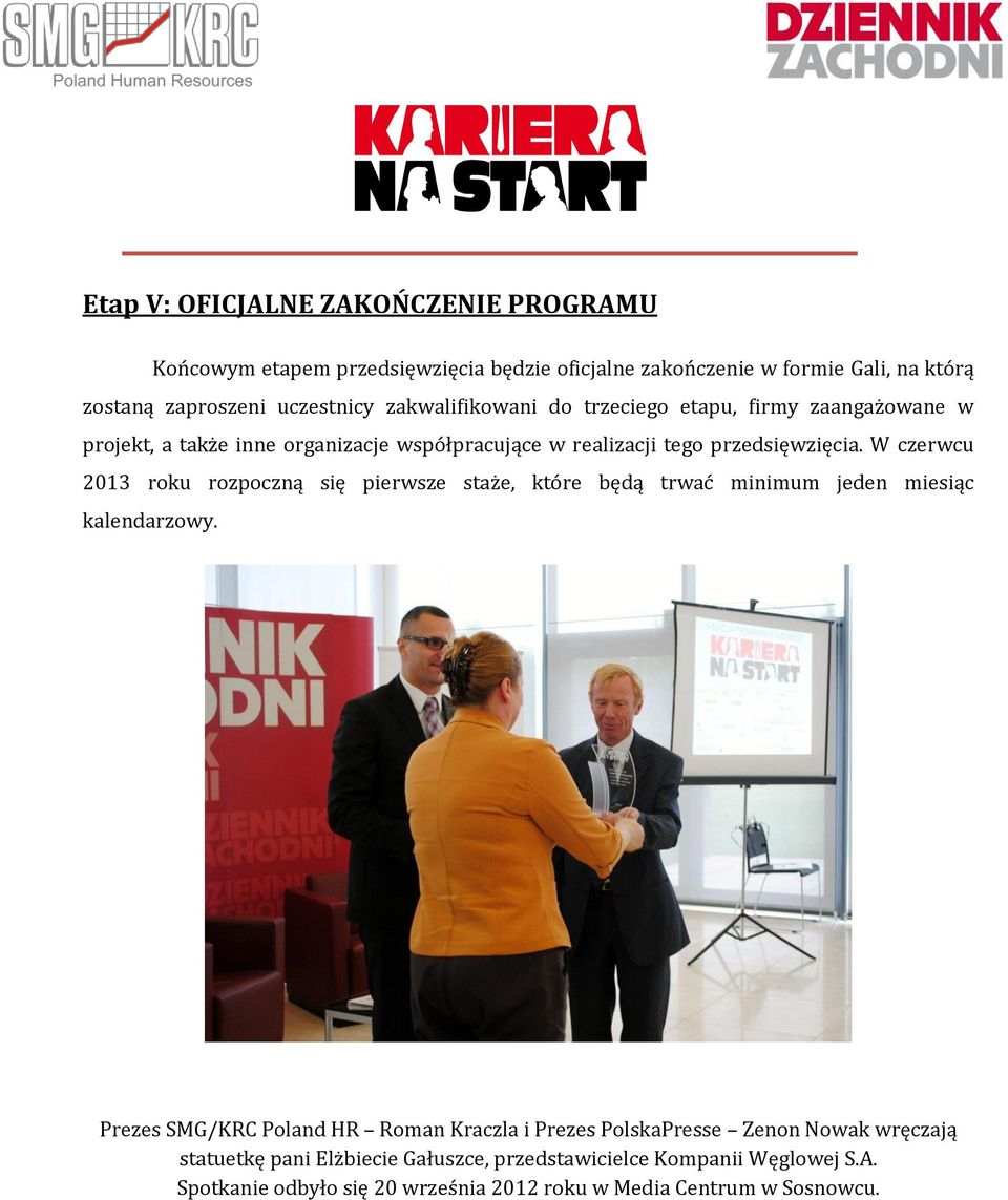 W czerwcu 2013 roku rozpoczną się pierwsze staże, które będą trwać minimum jeden miesiąc kalendarzowy.