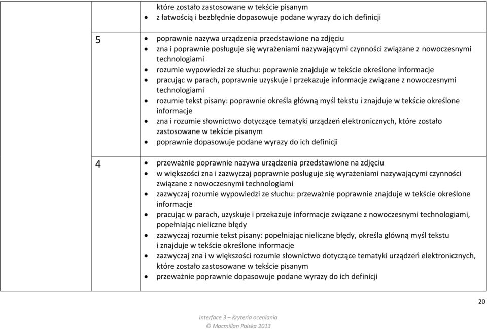 przekazuje informacje związane z nowoczesnymi technologiami rozumie tekst pisany: poprawnie określa główną myśl tekstu i znajduje w tekście określone informacje zna i rozumie słownictwo dotyczące