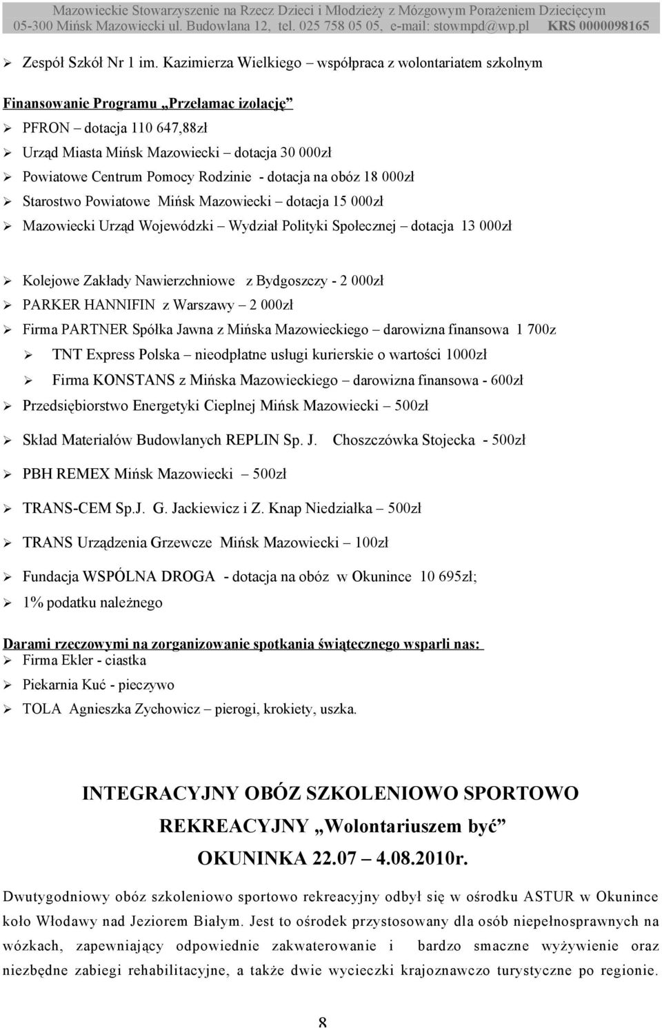 Rodzinie - dotacja na obóz 18 000zł Starostwo Powiatowe Mińsk Mazowiecki dotacja 15 000zł Mazowiecki Urząd Wojewódzki Wydział Polityki Społecznej dotacja 13 000zł Kolejowe Zakłady Nawierzchniowe z