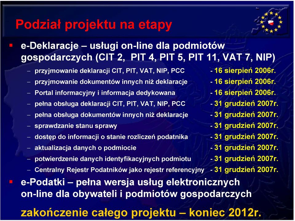 pełna obsługa deklaracji CIT, PIT, VAT, NIP, PCC - 31 grudzień 2007r. pełna obsługa dokumentów innych niż deklaracje - 31 grudzień 2007r. sprawdzanie stanu sprawy - 31 grudzień 2007r.