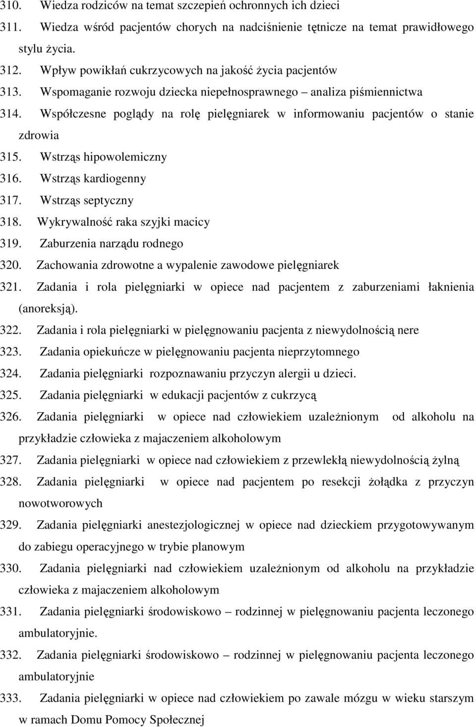 Współczesne poglądy na rolę pielęgniarek w informowaniu pacjentów o stanie zdrowia 315. Wstrząs hipowolemiczny 316. Wstrząs kardiogenny 317. Wstrząs septyczny 318. Wykrywalność raka szyjki macicy 319.