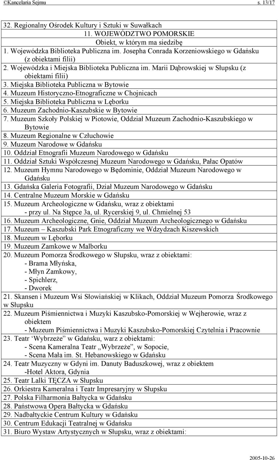 Miejska Biblioteka Publiczna w Bytowie 4. Muzeum Historyczno-Etnograficzne w Chojnicach 5. Miejska Biblioteka Publiczna w Lęborku 6. Muzeum Zachodnio-Kaszubskie w Bytowie 7.