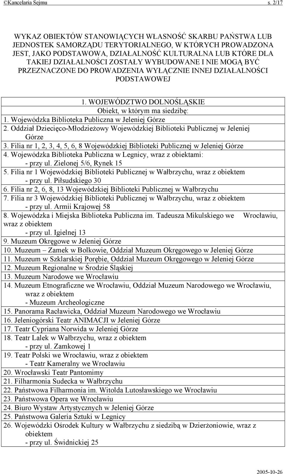 ZOSTAŁY WYBUDOWANE I NIE MOGĄ BYĆ PRZEZNACZONE DO PROWADZENIA WYŁĄCZNIE INNEJ DZIAŁALNOŚCI PODSTAWOWEJ 1. WOJEWÓDZTWO DOLNOŚLĄSKIE 1. Wojewódzka Biblioteka Publiczna w Jeleniej Górze 2.