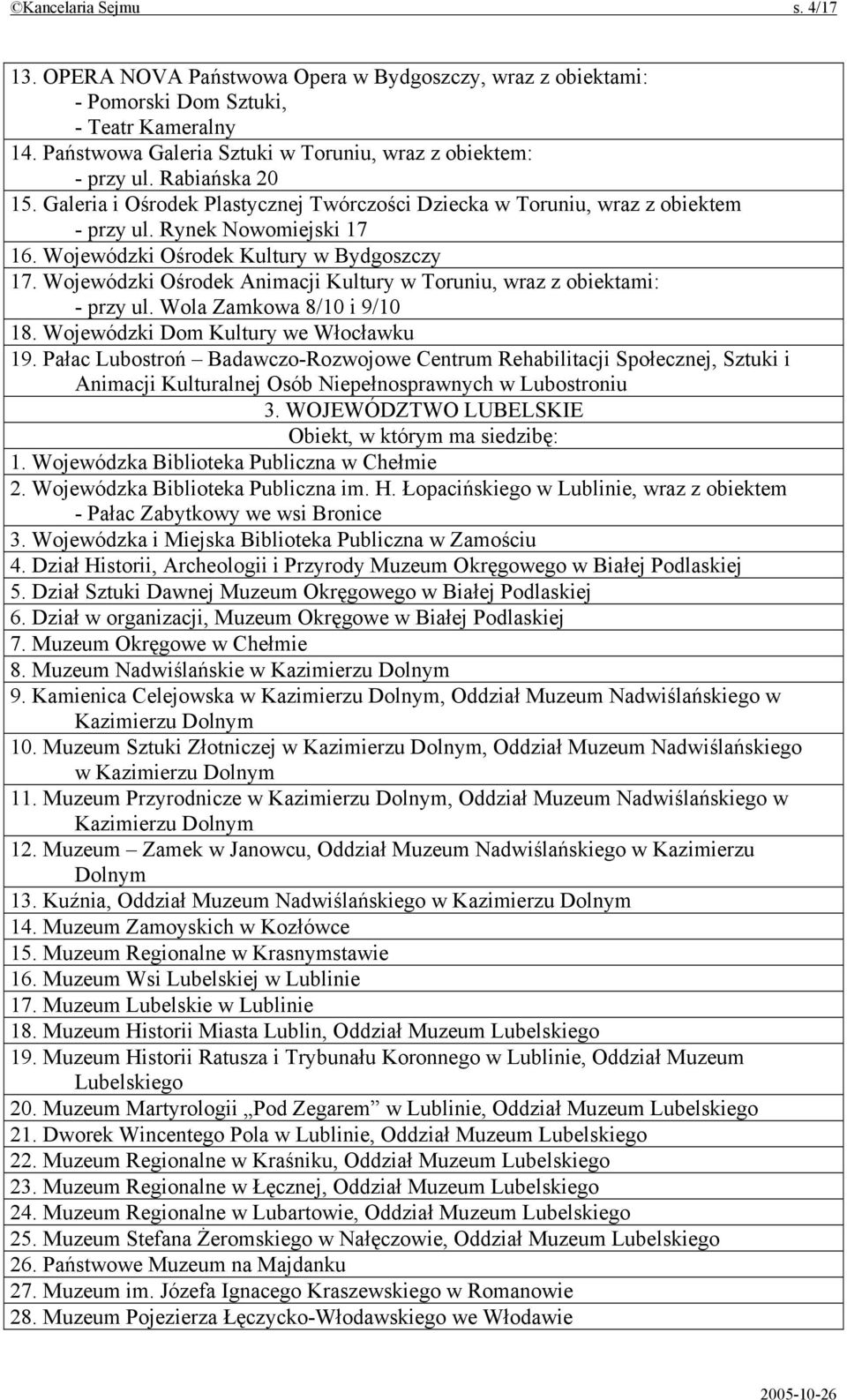 Wojewódzki Ośrodek Animacji Kultury w Toruniu, wraz z obiektami: - przy ul. Wola Zamkowa 8/10 i 9/10 18. Wojewódzki Dom Kultury we Włocławku 19.