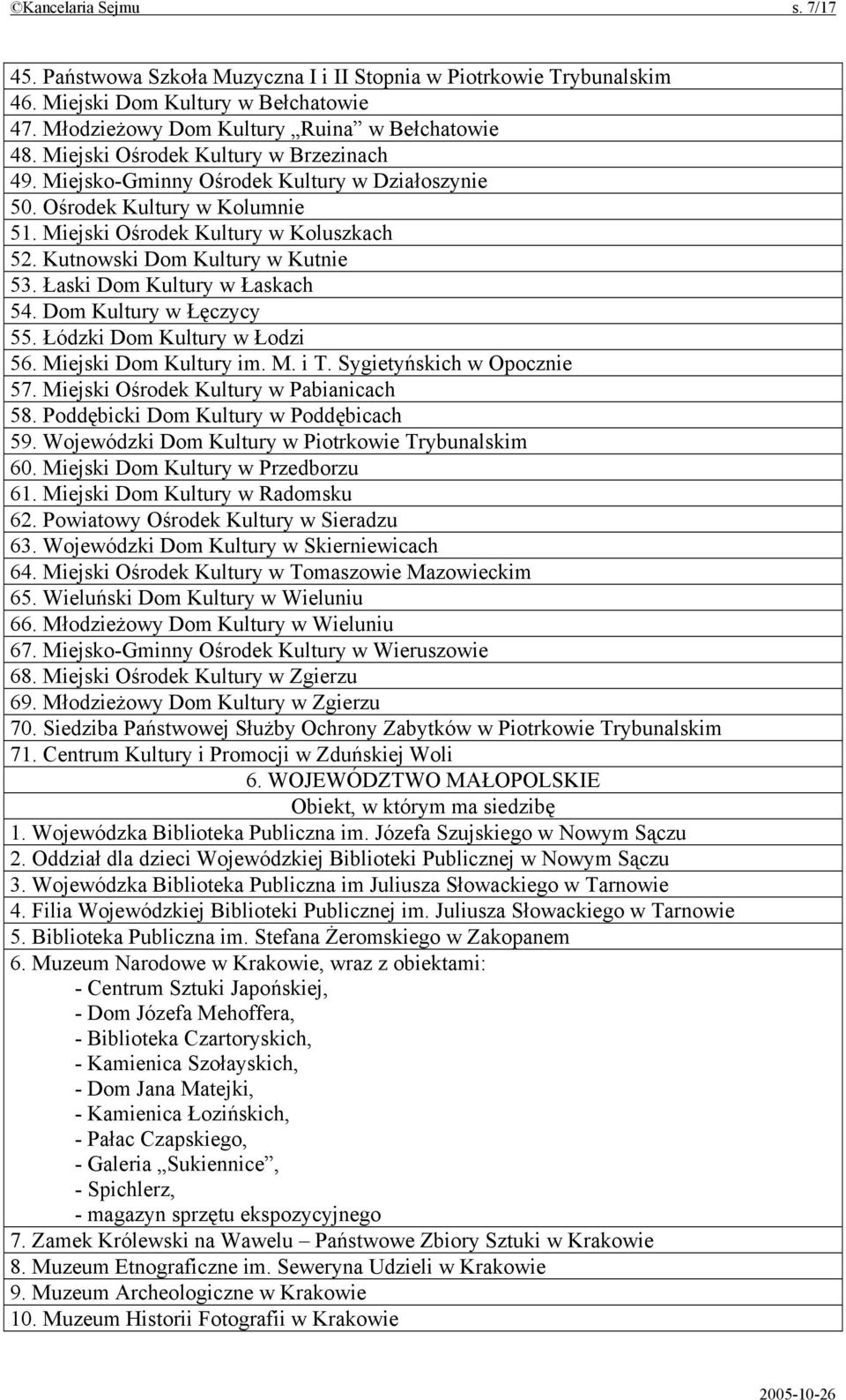 Łaski Dom Kultury w Łaskach 54. Dom Kultury w Łęczycy 55. Łódzki Dom Kultury w Łodzi 56. Miejski Dom Kultury im. M. i T. Sygietyńskich w Opocznie 57. Miejski Ośrodek Kultury w Pabianicach 58.