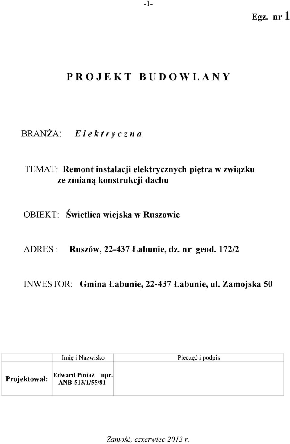 elektrycznych piętra w związku ze zmianą konstrukcji dachu OBIEKT: Świetlica wiejska w Ruszowie ADRES