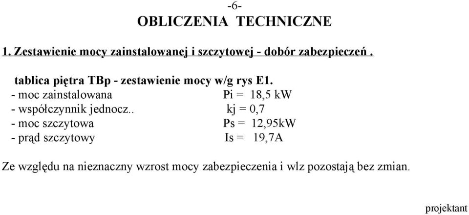 tablica piętra TBp - zestawienie mocy w/g rys E1.