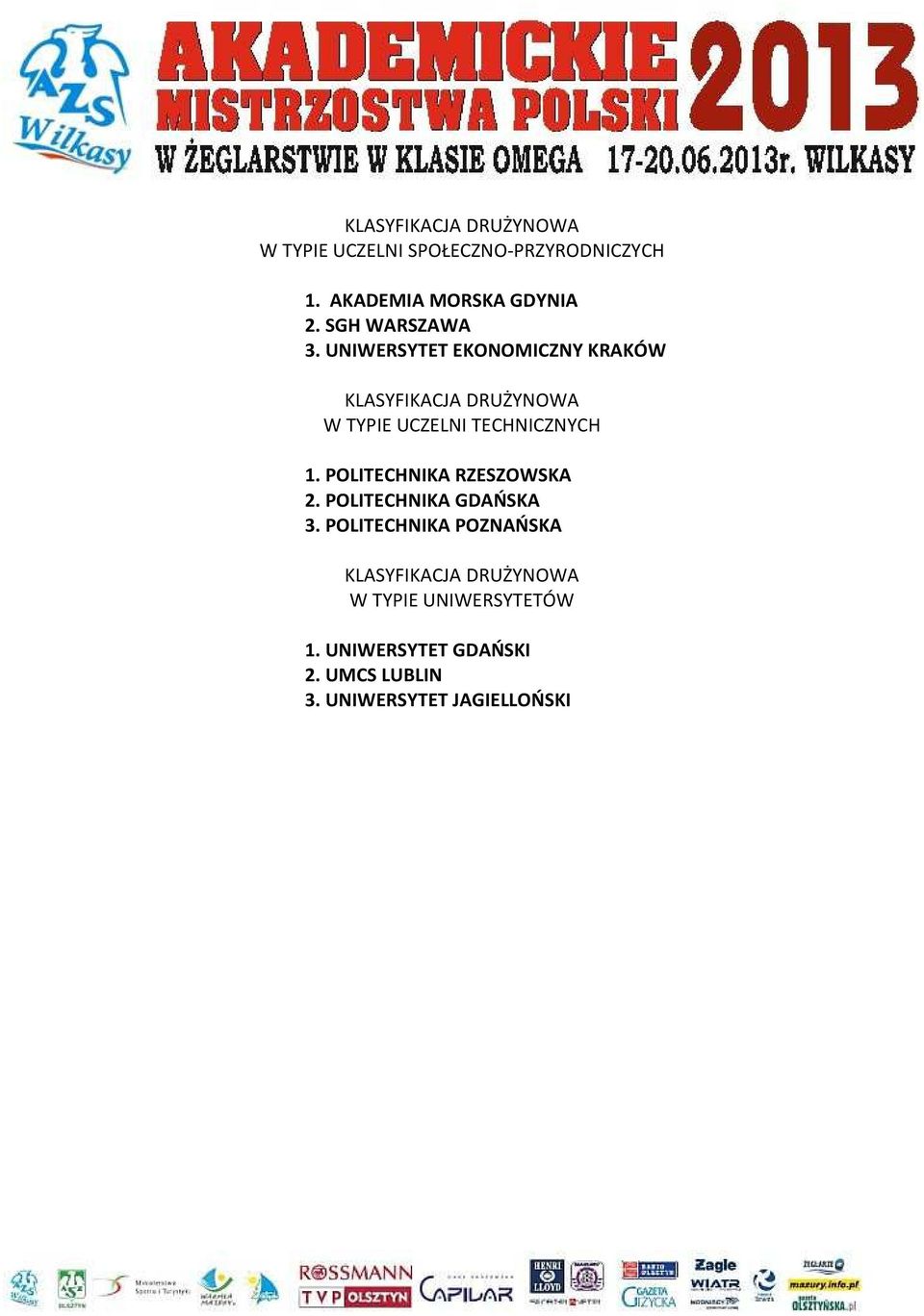 UNIWERSYTET EKONOMICZNY KRAKÓW KLASYFIKACJA DRUŻYNOWA W TYPIE UCZELNI TECHNICZNYCH 1.