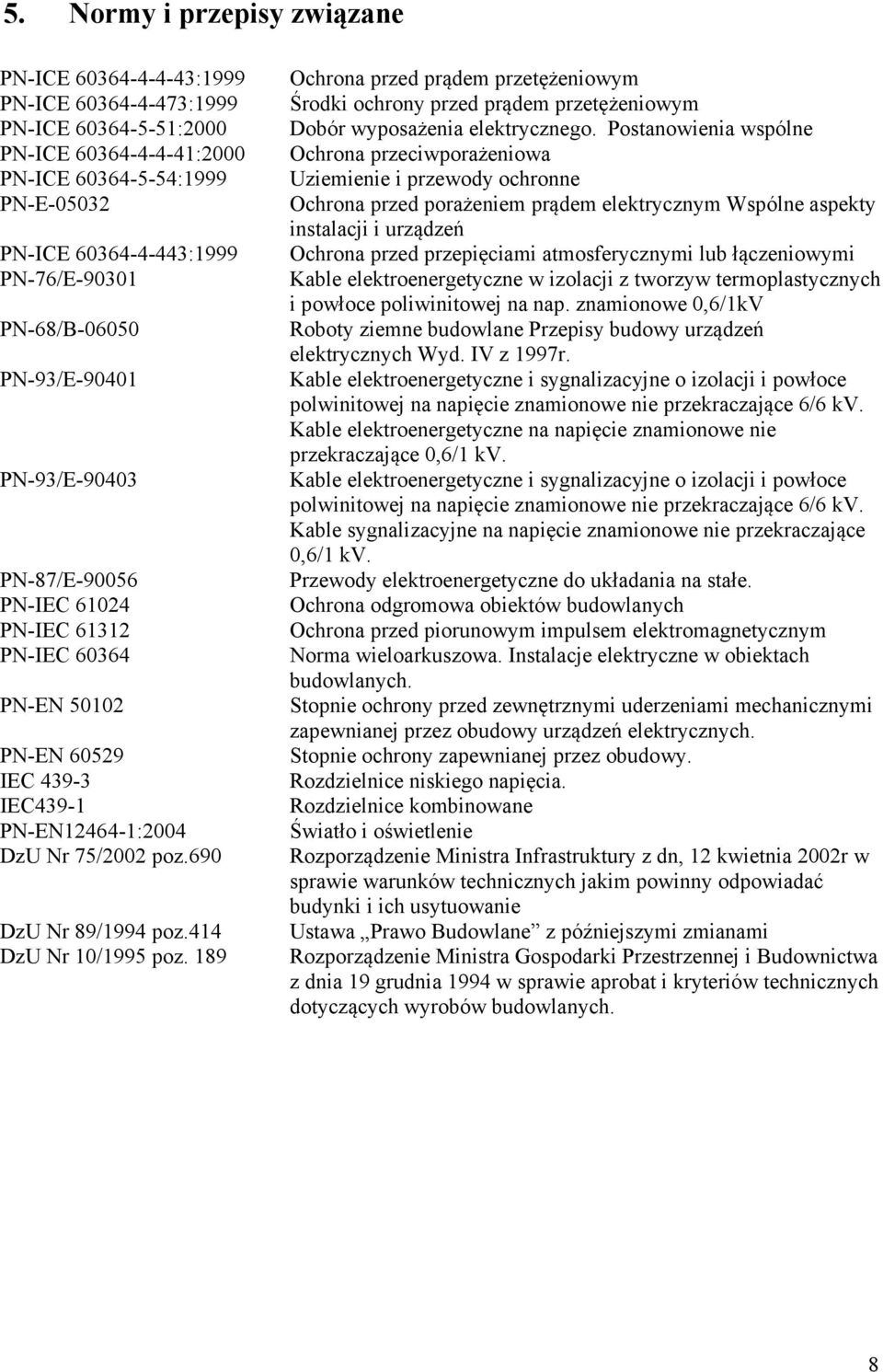 414 DzU Nr 10/1995 poz. 189 Ochrona przed prądem przetężeniowym Środki ochrony przed prądem przetężeniowym Dobór wyposażenia elektrycznego.