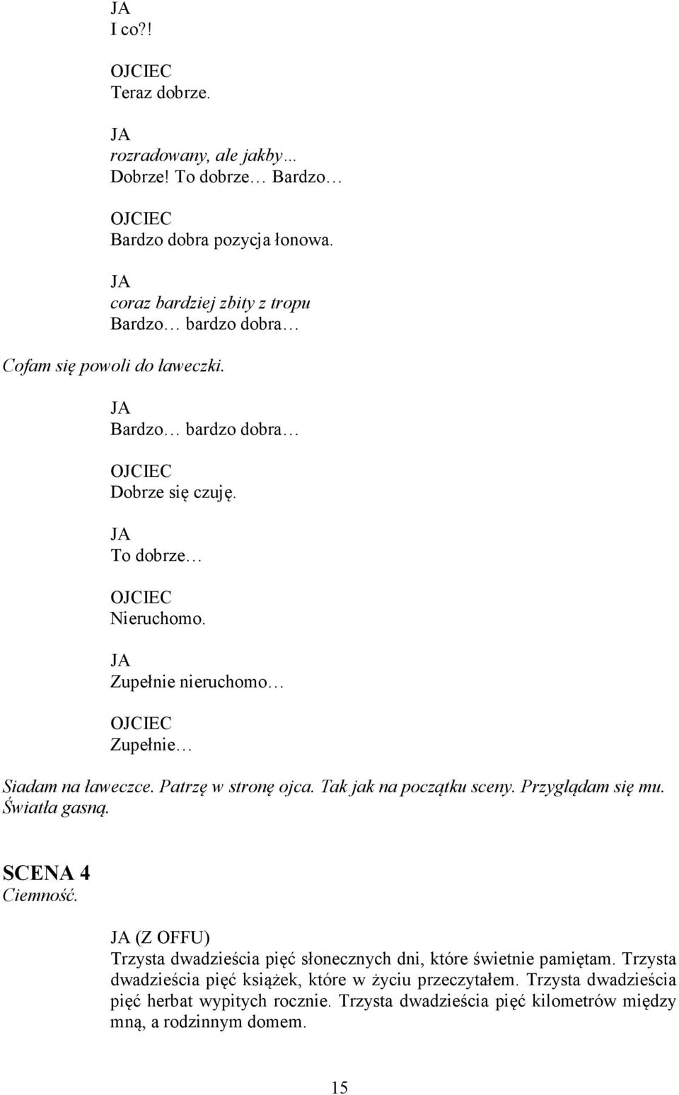 Zupełnie nieruchomo Zupełnie Siadam na ławeczce. Patrzę w stronę ojca. Tak jak na początku sceny. Przyglądam się mu. Światła gasną. SCE A 4 Ciemność.