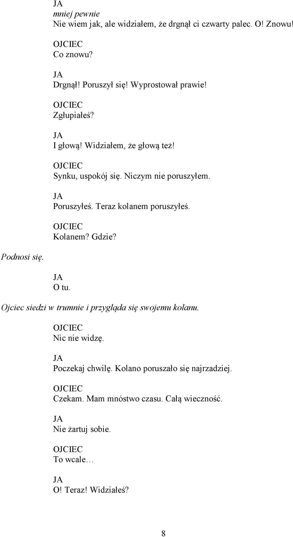 Teraz kolanem poruszyłeś. Kolanem? Gdzie? Podnosi się. O tu. Ojciec siedzi w trumnie i przygląda się swojemu kolanu.