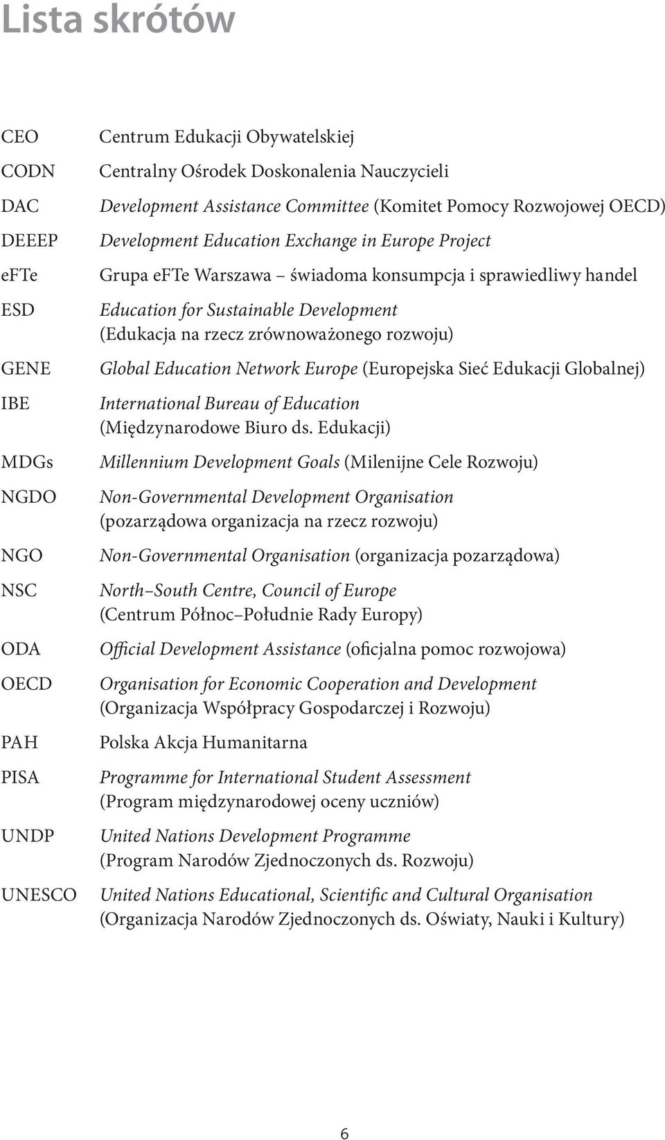 (Edukacja na rzecz zrównoważonego rozwoju) Global Education Network Europe (Europejska Sieć Edukacji Globalnej) International Bureau of Education (Międzynarodowe Biuro ds.