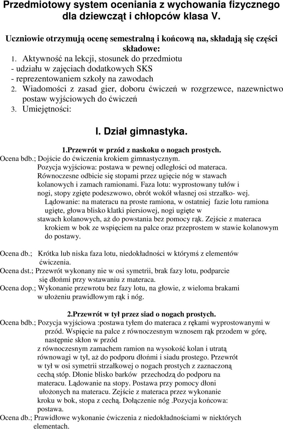 Wiadomości z zasad gier, doboru ćwiczeń w rozgrzewce, nazewnictwo postaw wyjściowych do ćwiczeń 3. Umiejętności: I. Dział gimnastyka. 1.Przewrót w przód z naskoku o nogach prostych. Ocena bdb.