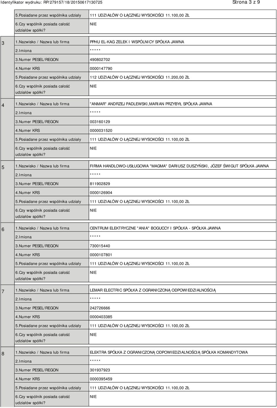 Nazwisko / Nazwa lub firma FIRMA HANDLOWO-USŁUGOWA "MAGMA" DARIUSZ DUSZYŃSKI, JÓZEF ŚWIGUT SPÓŁKA JAWNA 3.Numer PESEL/REGON 811902829 4.Numer KRS 0000126904 6 1.