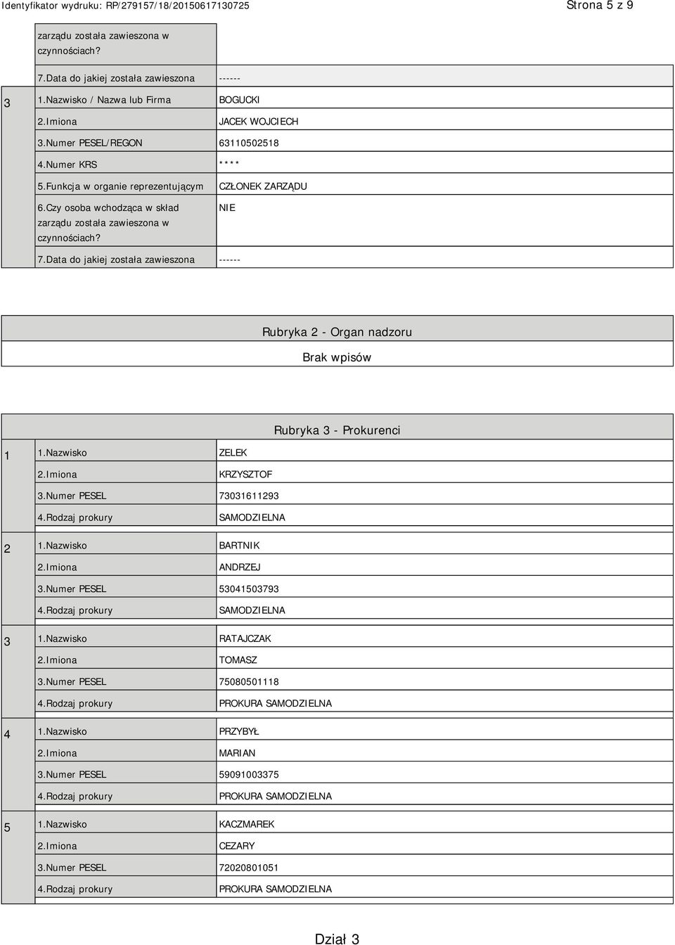 Data do jakiej została zawieszona ------ Rubryka 2 - Organ nadzoru Rubryka 3 - Prokurenci 1 1.Nazwisko ZELEK KRZYSZTOF 3.Numer PESEL 73031611293 SAMODZIELNA 2 1.Nazwisko BARTNIK ANDRZEJ 3.