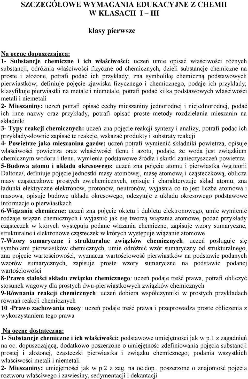 fizycznego i chemicznego, podaje ich przykłady; klasyfikuje pierwiastki na metale i niemetale, potrafi podać kilka podstawowych właściwości metali i niemetali 2- Mieszaniny: uczeń potrafi opisać