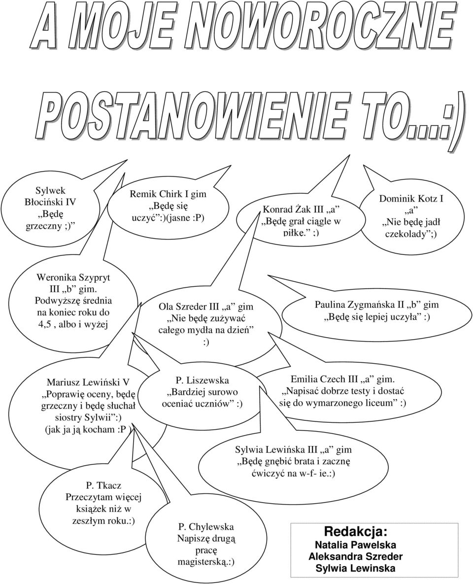 oceny, będę grzeczny i będę słuchał siostry Sylwii :) (jak ja ją kocham :P ) P. Liszewska Bardziej surowo oceniać uczniów :) Emilia Czech III a gim.