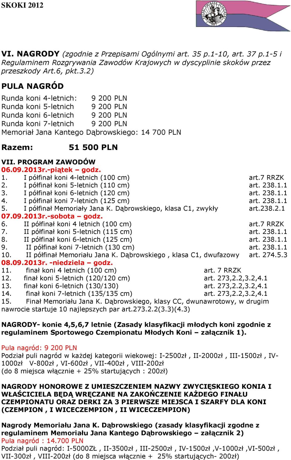 p.1-5 i Regulaminem Rozgrywania Zawodów Krajowych w dyscyplinie skoków przez przeszkody Art.6, pkt.3.