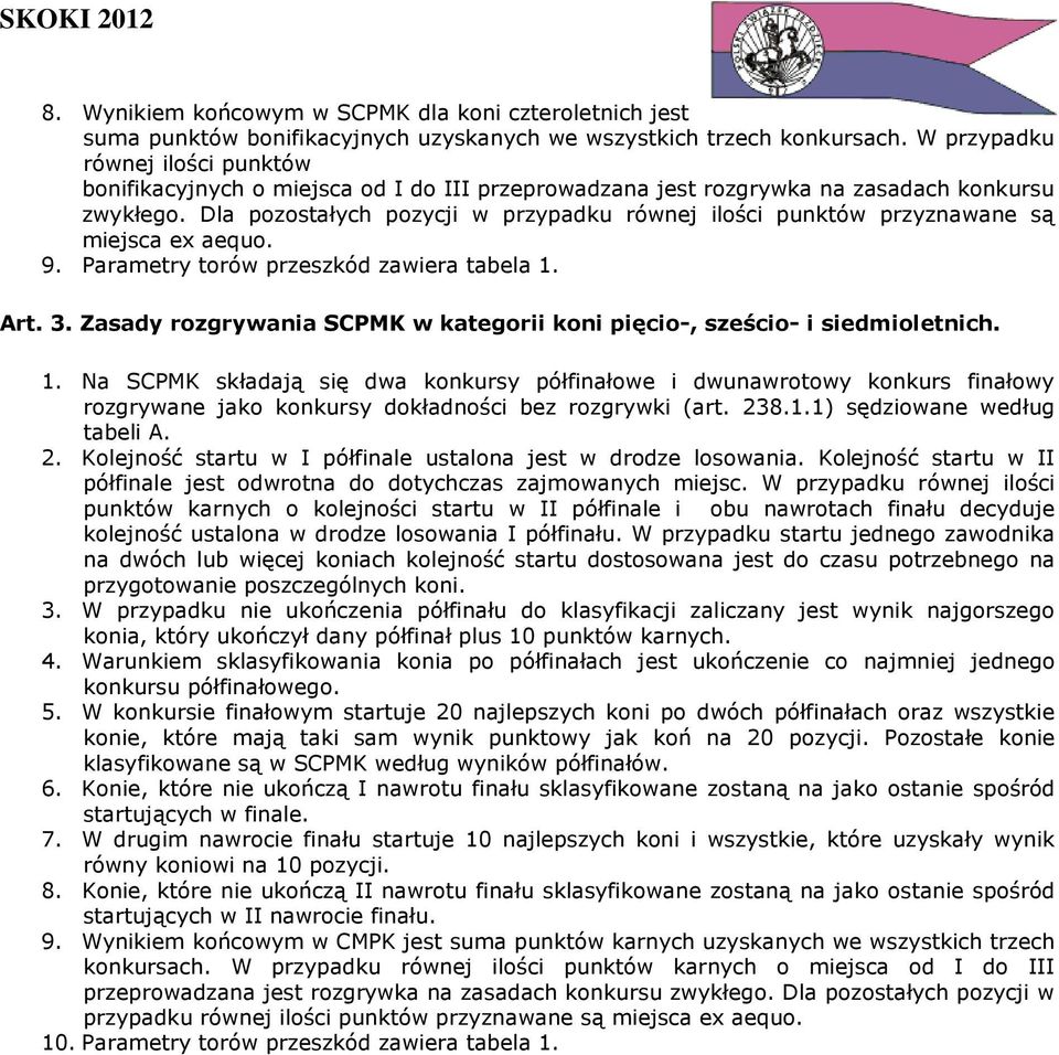 Dla pozostałych pozycji w przypadku równej ilości punktów przyznawane są miejsca ex aequo. 9. Parametry torów przeszkód zawiera tabela 1. Art. 3.