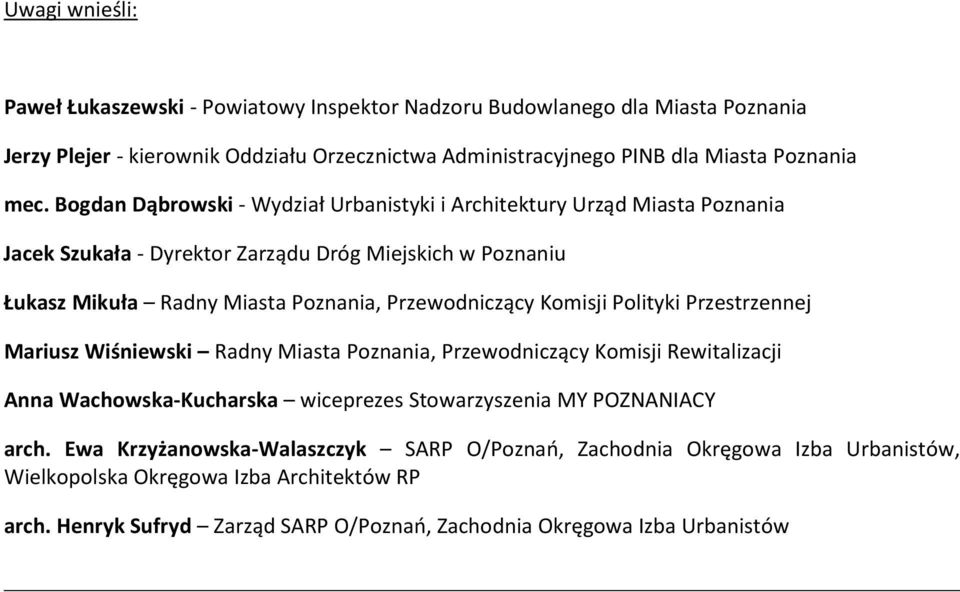 Komisji Polityki Przestrzennej Mariusz Wiśniewski Radny Miasta Poznania, Przewodniczący Komisji Rewitalizacji Anna Wachowska-Kucharska wiceprezes Stowarzyszenia MY POZNANIACY arch.