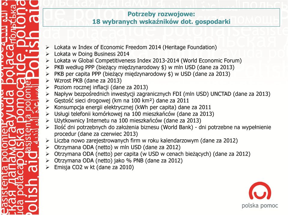 międzynarodowy $) w mln USD (dane za 2013) PKB per capita PPP (bieżący międzynarodowy $) w USD (dane za 2013) Wzrost PKB (dane za 2013) Poziom rocznej inflacji (dane za 2013) Napływ bezpośrednich