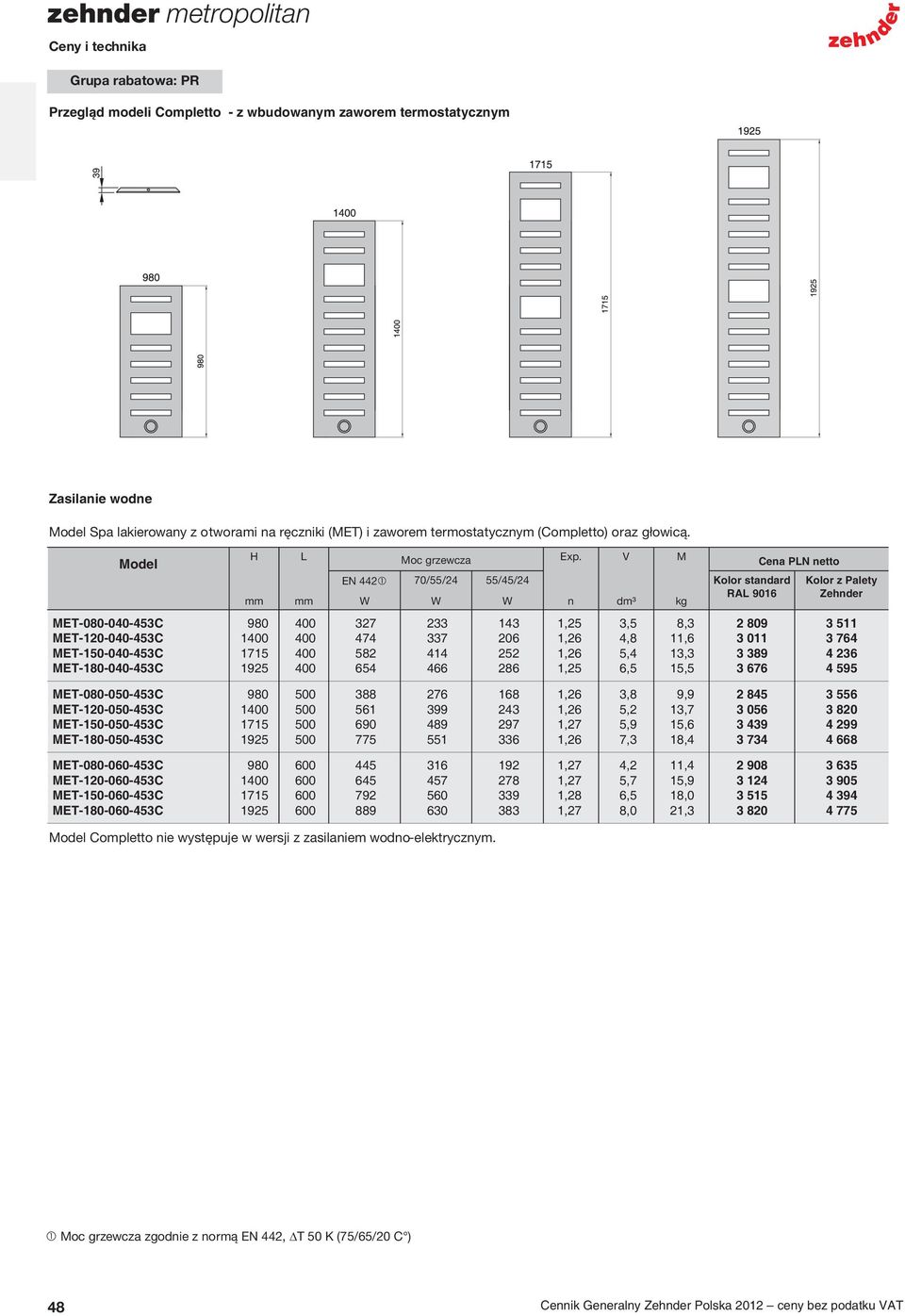 n dm³ M kg Kolor standard RA 9016 Kolor z Palety Zehnder MET080040453C MET120040453C MET150040453C MET180040453C 980 1400 1715 1925 400 400 400 400 327 474 582 654 233 337 414 466 143 206 252 286