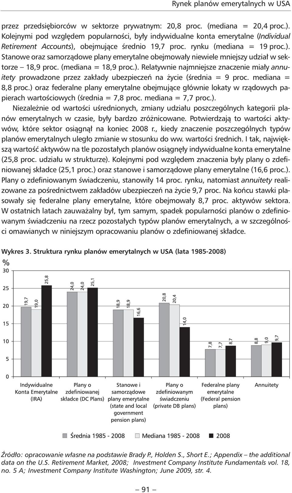 obejmujące średnio 19,7 proc. rynku (mediana = 19 proc.). Stanowe oraz samorządowe plany emerytalne obejmowały niewiele mniejszy udział w sektorze 18,9 proc. (mediana = 18,9 proc.). Relatywnie najmniejsze znaczenie miały annuitety prowadzone przez zakłady ubezpieczeń na życie (średnia = 9 proc.