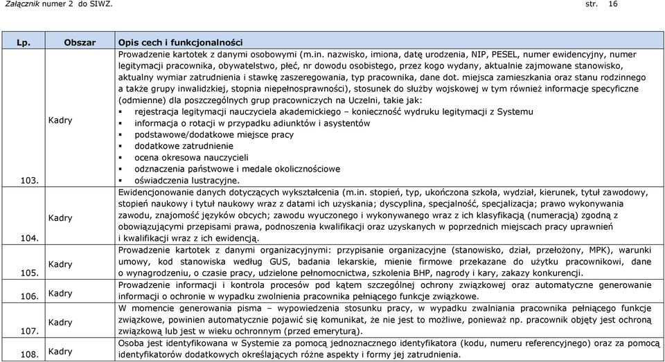 wymiar zatrudnienia i stawkę zaszeregowania, typ pracownika, dane dot.