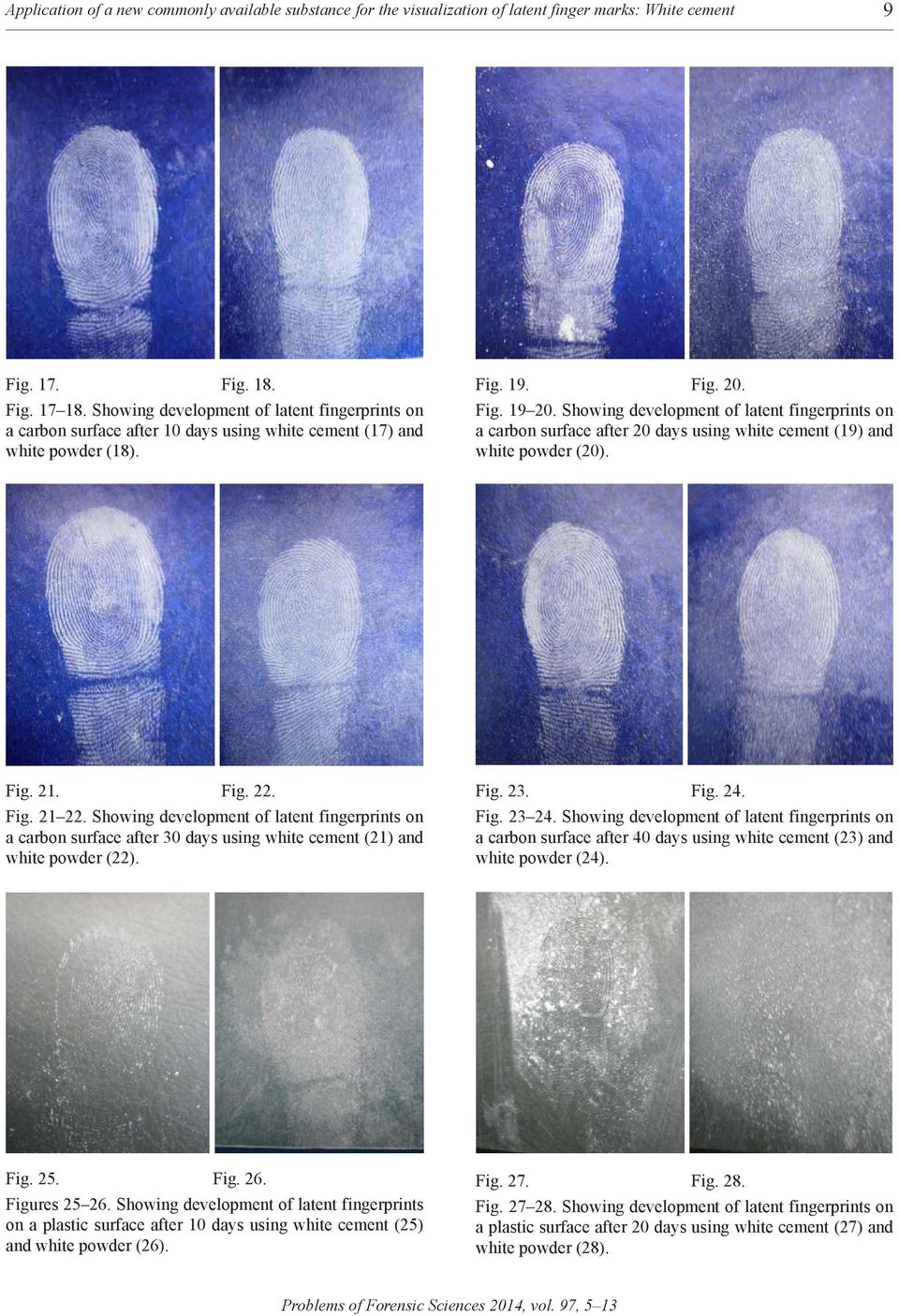 Showing development of latent fingerprints on a carbon surface after 20 days using white cement (19) and white powder (20). Fig. 21. Fig. 22. Fig. 21 22.