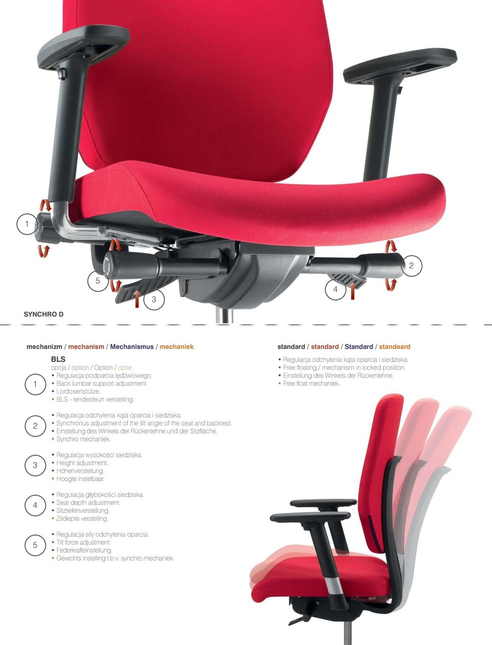 Einstellung des Winkels der Rückenlehne. Free fl oat mechaniek. 2 3 4 5 Regulacja odchylenia kàta oparcia i siedziska. Synchronus adjustment of the tilt angle of the seat and backrest.