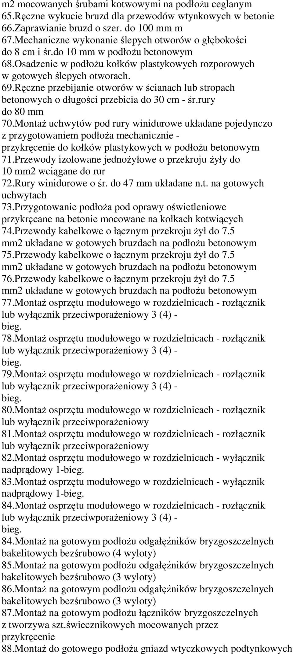 Ręczne przebijanie otworów w ścianach lub stropach betonowych o długości przebicia do 30 cm - śr.rury do 80 mm 70.