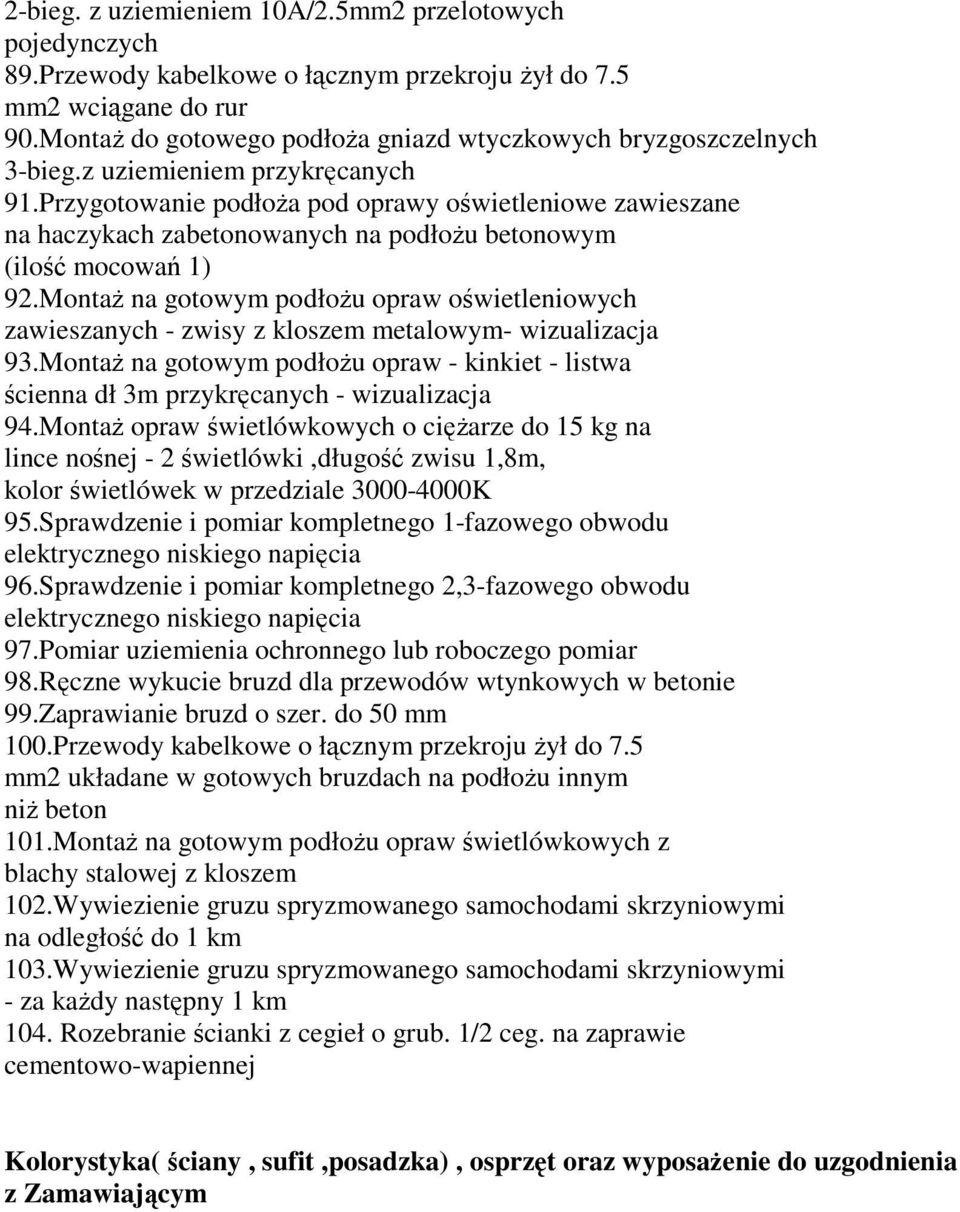 Przygotowanie podłoŝa pod oprawy oświetleniowe zawieszane na haczykach zabetonowanych na podłoŝu betonowym (ilość mocowań 1) 92.