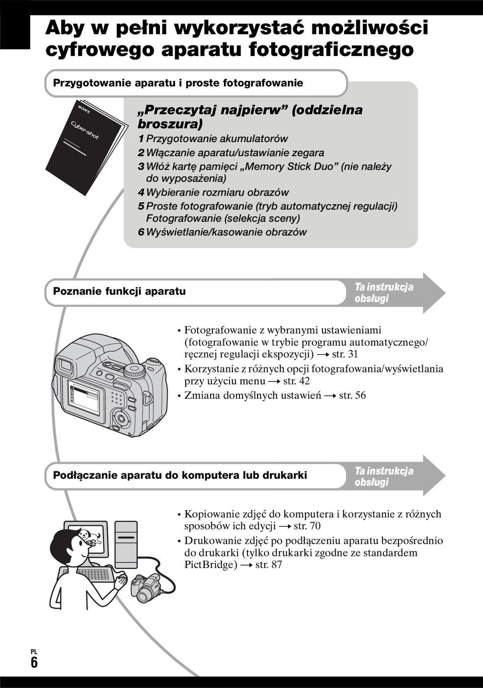 (selekcja sceny) 6 Wyświetlanie/kasowanie obrazów Poznanie funkcji aparatu Ta instrukcja obsługi Fotografowanie z wybranymi ustawieniami (fotografowanie w trybie programu automatycznego/ ręcznej